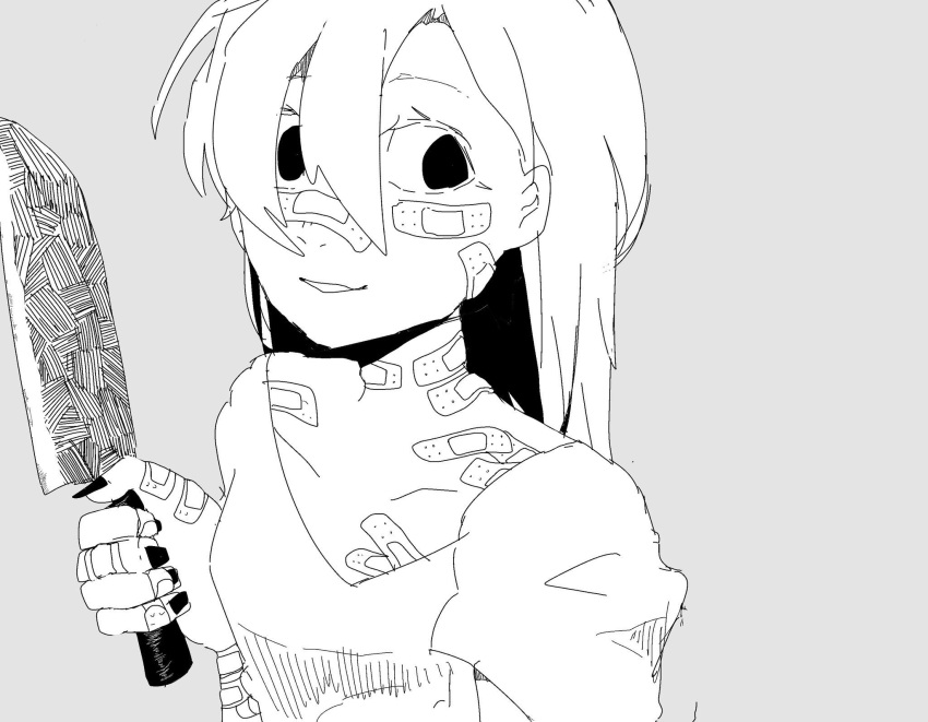 1girl bandaid bandaid_on_cheek bandaid_on_face bandaid_on_hand bandaid_on_nose bangs breasts clenched_hand commentary_request eguchi_saan grey_nails greyscale hair_between_eyes highres holding holding_knife kitchen_knife knife long_bangs looking_at_viewer looking_to_the_side monochrome nail_polish original simple_background small_breasts smile solo