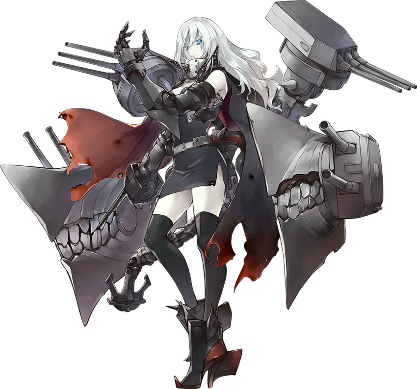 1girl anchor cape character_request claws fangs gauntlets green_eyes kantai_collection konishi_(koconatu) machinery official_art shinkaisei-kan thigh-highs turret white_hair