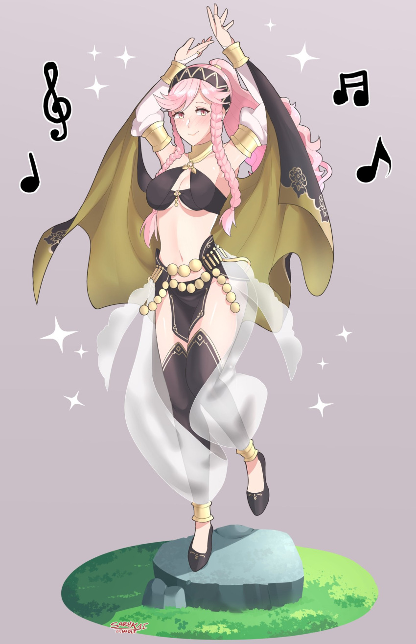 1girl armlet arms_up artist_name bare_shoulders blush braid breasts bridal_gauntlets cleavage closed_mouth fire_emblem fire_emblem:_kakusei fire_emblem_heroes full_body grass grey_background hairband highres long_hair medium_breasts midriff musical_note navel nintendo olivia_(fire_emblem) pelvic_curtain pink_eyes pink_hair ponytail rock sarukaiwolf simple_background smile solo sparkle standing standing_on_one_leg twin_braids