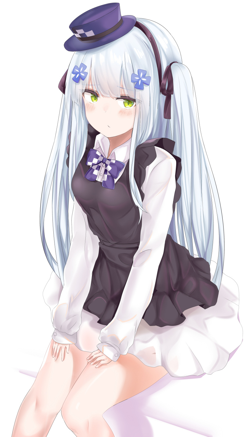 1girl absurdres bangs black_dress black_ribbon blue_hair blush bow bowtie closed_mouth collared_shirt commentary_request dress dress_shirt eyebrows_visible_through_hair girls_frontline green_eyes hair_between_eyes hair_ornament hair_ribbon hat highres hk416_(girls_frontline) long_hair long_sleeves looking_at_viewer mini_hat pleated_dress pleated_skirt purple_hat purple_neckwear ribbon ru_zhai shirt sitting skirt sleeveless sleeveless_dress sleeves_past_wrists solo two_side_up very_long_hair white_background white_shirt white_skirt