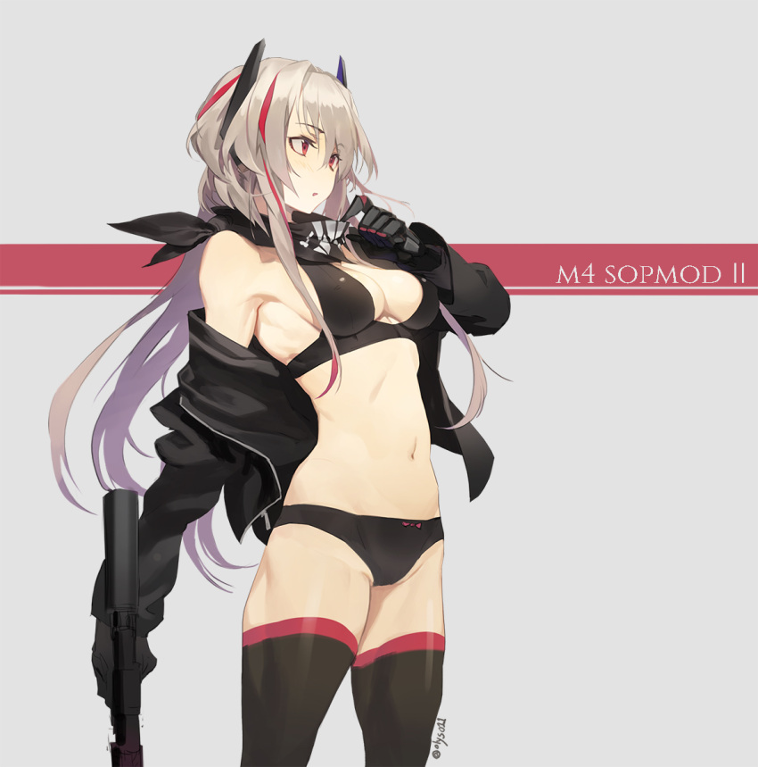 1girl adjusting_neckwear armpits assault_rifle bangs bare_shoulders black_bra black_legwear black_panties black_scarf blush bow bow_panties bra breasts character_name cleavage cowboy_shot eyebrows_visible_through_hair girls_frontline gloves groin gun hair_between_eyes headgear holding holding_gun holding_weapon jacket long_hair looking_away m4_carbine m4_sopmod_ii m4_sopmod_ii_(girls_frontline) medium_breasts multicolored_hair navel off_shoulder olys open_clothes open_jacket open_mouth panties pink_hair prosthesis prosthetic_arm red_eyes redhead rifle scarf sidelocks solo sports_bra stomach streaked_hair thigh-highs toned twitter_username underwear weapon