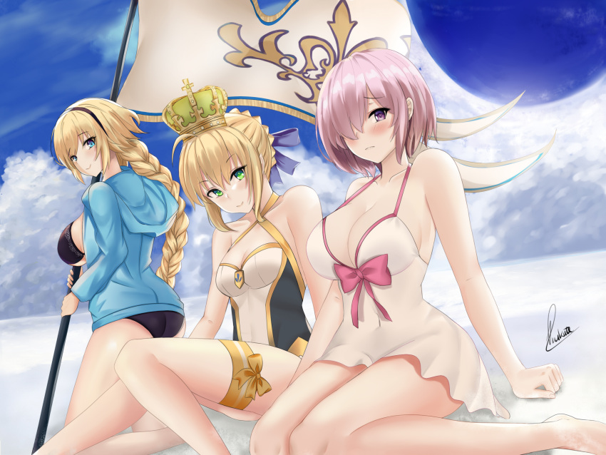 3girls ahoge artoria_pendragon_(all) artoria_pendragon_(swimsuit_archer) bangs bare_shoulders bikini black_bikini black_hairband blonde_hair blue_eyes blue_jacket blue_ribbon blush bow braid breasts cleavage closed_mouth collarbone covered_navel crown dress_swimsuit fate/grand_order fate_(series) flag french_braid green_eyes grey_swimsuit hair_bun hair_over_one_eye hair_ribbon hairband highres hips hood hooded_jacket jacket jeanne_d'arc_(fate)_(all) jeanne_d'arc_(swimsuit_archer) large_breasts lavender_hair legs long_hair looking_at_viewer mash_kyrielight multiple_girls one-piece_swimsuit open_clothes open_jacket pink_bow piukute062 ribbon short_hair single_braid small_breasts smile swimsuit swimsuit_of_perpetual_summer thigh_strap thighs two-tone_swimsuit very_long_hair violet_eyes white_swimsuit