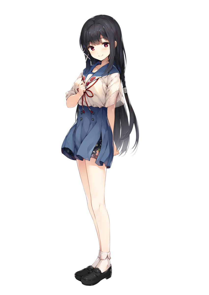 1girl absurdres bangs black_hair blush breasts buttons closed_mouth collarbone commentary_request dress eyebrows_visible_through_hair floral_print flower full_body hand_on_own_chest hand_up highres loafers long_hair looking_at_viewer medium_breasts official_art onsen_musume red_eyes senji_(tegone_spike) shiny shiny_hair shoes short_dress short_sleeves simple_background skirt smile socks solo standing white_background white_legwear