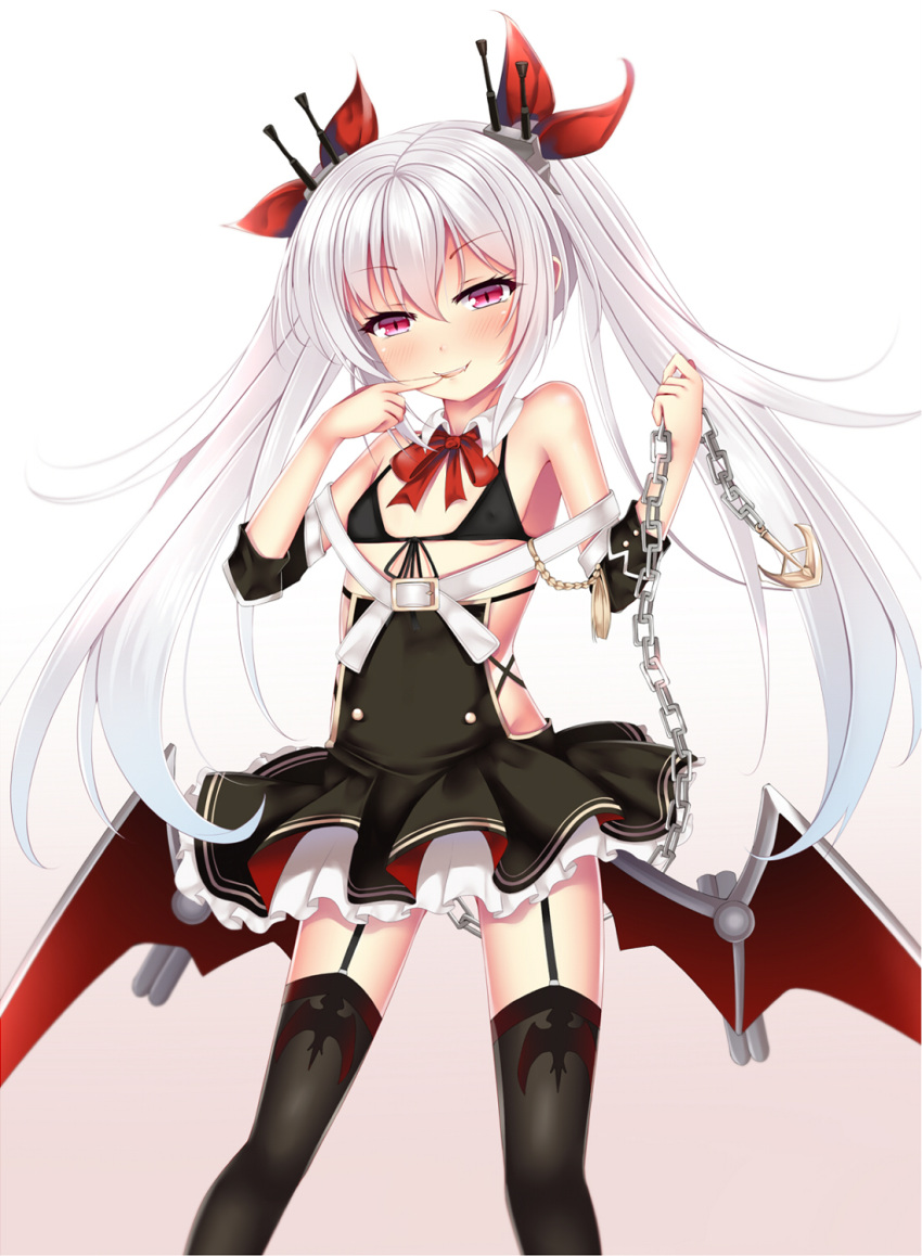1girl azur_lane bangs bare_shoulders bat_wings belt_buckle bikini_top black_bikini_top black_dress black_legwear blush bow breasts brown_background buckle chains commentary_request covered_nipples detached_collar dress eyebrows_visible_through_hair fang finger_to_mouth front-tie_bikini front-tie_top gradient gradient_background hair_between_eyes hands_up head_tilt highres holding long_hair low_wings parted_lips puririn red_bow red_eyes red_wings silver_hair small_breasts smile solo thigh-highs twintails vampire_(azur_lane) very_long_hair white_background white_belt white_collar wing_collar wings
