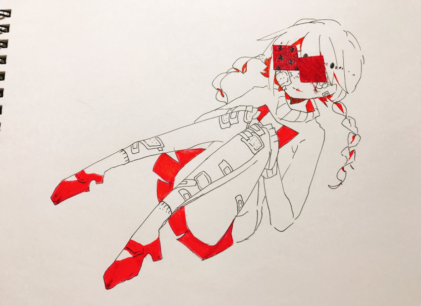 1girl bandaid bandaid_on_knee bandaid_on_leg blood blood_on_face bloody_hair bloody_mouth braid closed_mouth commentary eguchi_saan facing_viewer full_body greyscale hands_on_own_knees high_heels highres knees_together_feet_apart long_sleeves looking_at_viewer low_braid low_twin_braids madotsuki monochrome pleated_skirt red_footwear red_skirt skirt sweater symbol_commentary twin_braids yume_nikki