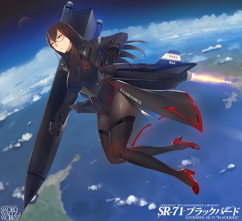 1girl :o black_hair clouds corset earth glasses high_heels highres jet_engine long_hair moon navel original personification skin_tight sky solo sr-71_blackbird swordwaltz trench_coat