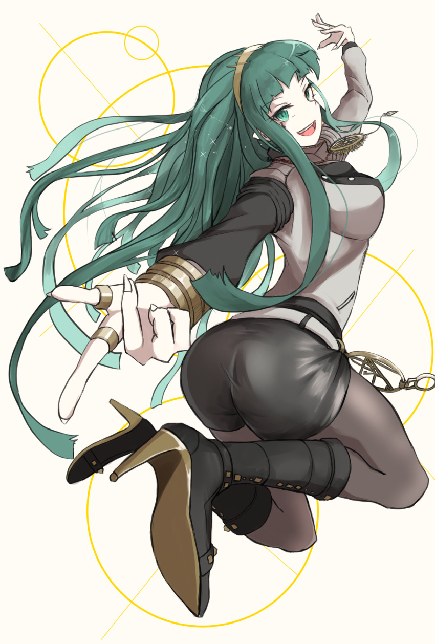 1girl bangs belt black_footwear boots bracelet breasts cleopatra_(fate/grand_order) earrings eyebrows_visible_through_hair fate/grand_order fate_(series) fingernails green_eyes green_hair hairband head_tilt high_heels highres hoop_earrings jewelry jumping long_hair looking_at_viewer looking_back necklace open_mouth pantyhose ring shirokuma1414 shorts simple_background solo very_long_hair