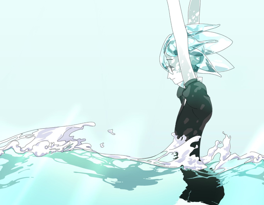 1other androgynous aqua_background aqua_eyes aqua_hair arms_up blue_eyes blue_hair crystal_hair eyes_visible_through_hair gem_uniform_(houseki_no_kuni) houseki_no_kuni partially_submerged phosphophyllite short_hair smile solo water waves white_skin