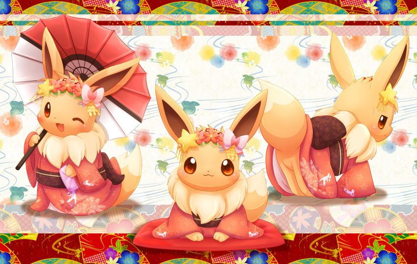 :3 ;d bow brown_eyes creatures_(company) eevee game_freak gen_1_pokemon head_wreath highres japanese_clothes kimono letter nintendo no_humans one_eye_closed open_mouth over-shoulders parasol pemyu pink_bow poke_ball_symbol pokemon pokemon_(creature) smile star umbrella