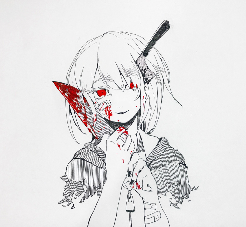1girl bandaid_on_arm bandaid_on_finger bangs blood blood_stain bloody_hands bloody_knife commentary_request eguchi_saan eyebrows_visible_through_hair hair_over_one_eye head_tilt highres holding holding_knife kitchen_knife knife knife_in_head looking_at_viewer original paper_(medium) pen_(medium) photo red_eyes short_hair solo spot_color zipper