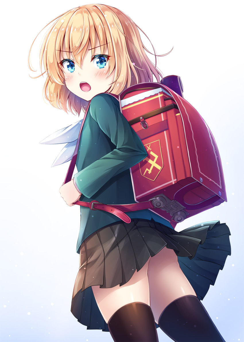 1girl :o akashio_(loli_ace) ass backpack bag bangs black_legwear black_skirt blazer blonde_hair blue_background blue_eyes blush commentary_request eyebrows_visible_through_hair girls_und_panzer gradient gradient_background green_blazer hair_between_eyes highres jacket katyusha looking_at_viewer looking_to_the_side neckerchief open_mouth pleated_skirt randoseru skirt solo thigh-highs white_background white_neckwear