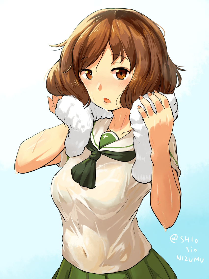 1girl akiyama_yukari alternate_sleeve_length bangs black_neckwear blouse blue_background brown_eyes brown_hair commentary covered_navel eyebrows_visible_through_hair girls_und_panzer gradient gradient_background green_skirt highres holding holding_towel looking_at_viewer messy_hair neckerchief ooarai_school_uniform open_mouth pleated_skirt school_uniform serafuku shio_nizumu shirt short_hair skirt solo standing summer_uniform sweatdrop towel twitter_username upper_body wet wet_clothes wet_shirt white_blouse white_towel