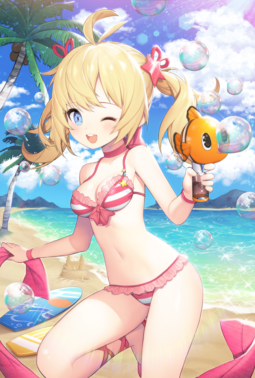 1girl ;d antenna_hair bangs bare_shoulders beach bikini blonde_hair blue_eyes blue_sky blush breasts bubble cleavage clouds commentary_request day eyebrows_visible_through_hair hair_ornament hair_ribbon highres holding horizon kuang_(kzhw7588) leg_ribbon long_hair medium_breasts navel ocean one_eye_closed open_mouth original outdoors palm_tree red_footwear red_ribbon ribbon round_teeth sand shoes sky smile solo sparkle standing standing_on_one_leg star star_hair_ornament striped striped_bikini summer sunlight swimsuit teeth tree twintails upper_teeth water wristband