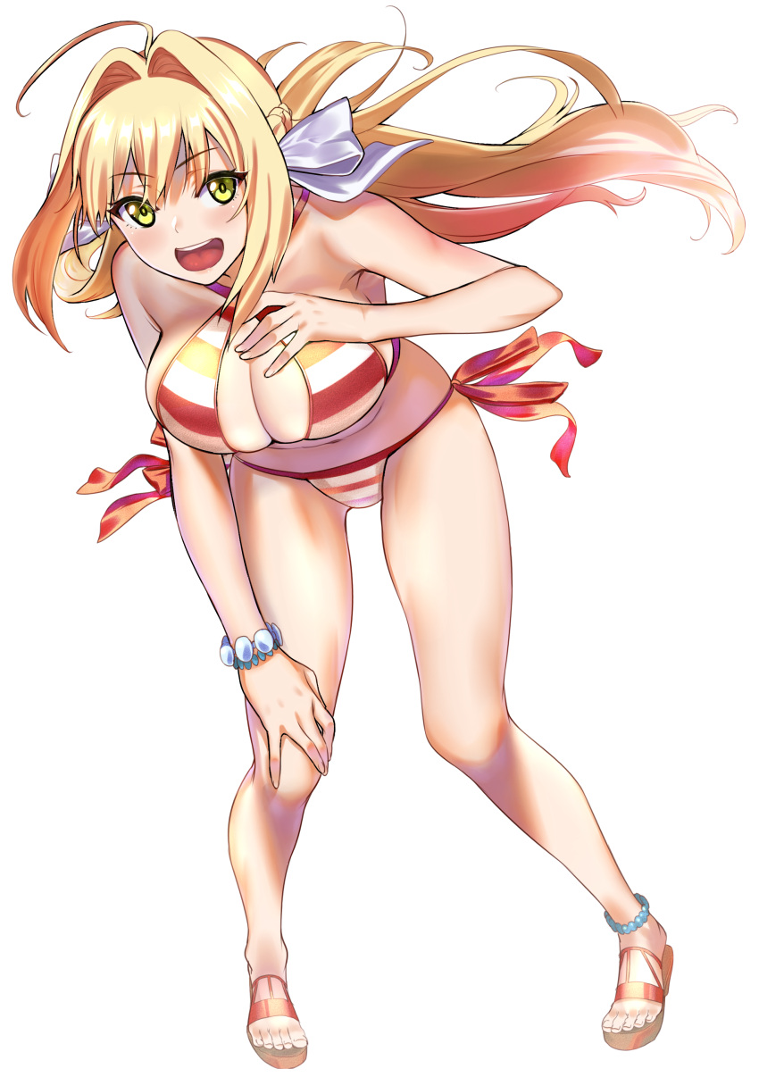 1girl :d absurdres ahoge anklet arm_support ass_visible_through_thighs bare_shoulders bow breasts cleavage collarbone eyebrows_visible_through_hair fate/grand_order fate_(series) hair_bow hair_intakes halterneck highres jewelry kujuu_shikuro large_breasts leaning_forward navel nero_claudius_(fate)_(all) nero_claudius_(swimsuit_caster)_(fate) open_mouth sandals smile solo swimsuit white_background white_bow