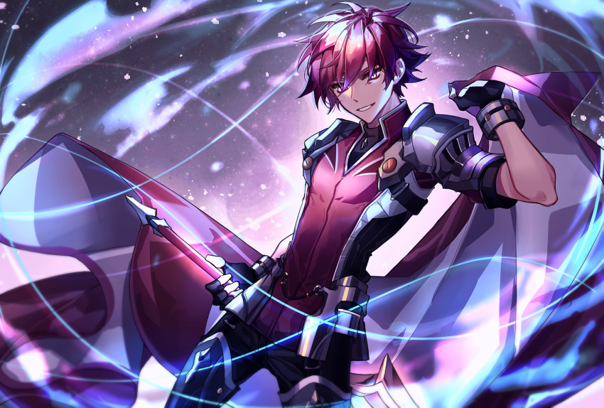 aura bracelet cloak elsword elsword_(character) fingerless_gloves gloves highres holding holding_weapon jewelry jtlo123412 knight_emperor_(elsword) redhead shoulder_armor smile sword sword_hilt weapon