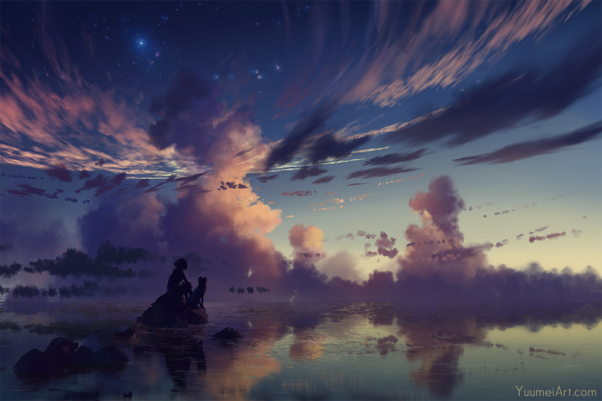 1girl clouds commentary english_commentary facing_away from_behind god horizon original reflection short_hair sitting sky solo star_(sky) starry_sky twilight water watermark web_address wenqing_yan