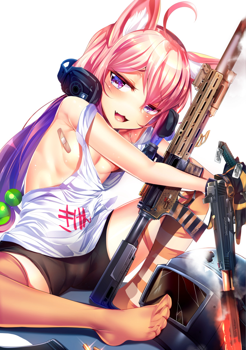 1girl :3 :d ahoge animal_ears assault_rifle bandaid bangs bike_shorts black_gloves black_shorts breasts bullet cat_ears clip_(weapon) commentary_request cracked_glass ear_protection eyebrows_visible_through_hair fang glint gloves glowing gun hair_between_eyes hair_bobbles hair_ornament head_tilt highres hinata_channel holding holding_gun holding_knife holding_weapon knife long_hair looking_at_viewer low-tied_long_hair mismatched_legwear nekomiya_hinata open_mouth orange_legwear pink_hair rifle short_shorts shorts silly_(marinkomoe) sitting small_breasts smile smoke solo striped striped_legwear suppressor tally tank_top thigh-highs very_long_hair violet_eyes virtual_youtuber weapon weapon_request welding_mask white_background white_tank_top