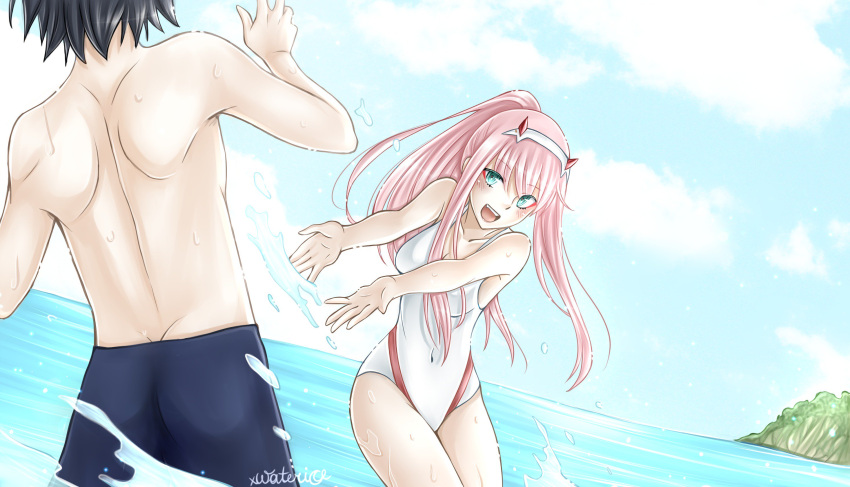 1boy 1girl back bangs bare_shoulders beach black_hair blue_sky blush breasts cleavage clouds cloudy_sky collarbone commentary commentary_request couple darling_in_the_franxx day english_commentary eyebrows_visible_through_hair fangs green_eyes hair_ornament hairband hand_up hetero high_ponytail highres hiro_(darling_in_the_franxx) horns long_hair looking_at_another male_swimwear medium_breasts ocean oni_horns pink_hair ponytail red_horns shirtless signature sky splashing strap swim_trunks swimsuit swimwear thighs water water_drop waves wet white_hairband white_swimsuit xwaterice zero_two_(darling_in_the_franxx)