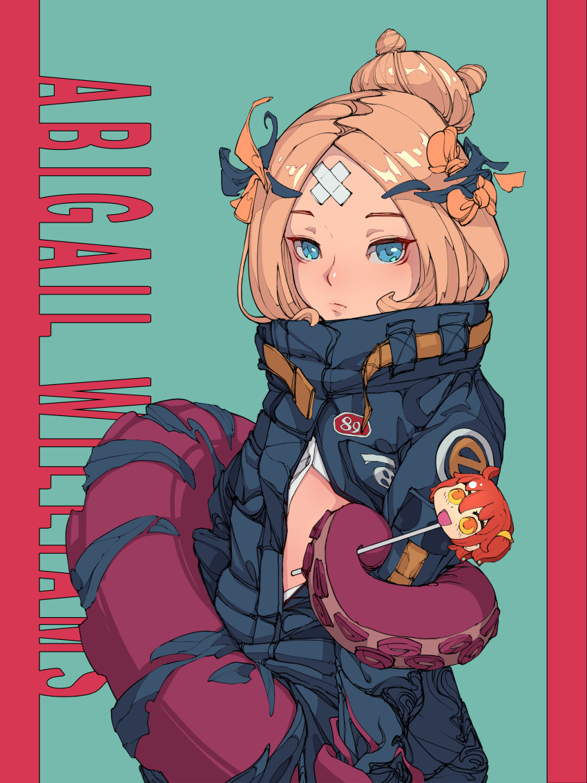 1girl abigail_williams_(fate/grand_order) absurdres bangs black_bow black_jacket blonde_hair blue_eyes bow candy character_name closed_mouth crossed_bandaids di_yi_xing_zian dress_shirt fate/grand_order fate_(series) food green_background hair_bow hair_bun heroic_spirit_traveling_outfit highres holding holding_food holding_lollipop jacket lollipop long_hair long_sleeves looking_at_viewer open_clothes open_jacket open_shirt orange_bow parted_bangs red_background shirt sleeves_past_fingers sleeves_past_wrists solo suction_cups tentacle two-tone_background white_shirt