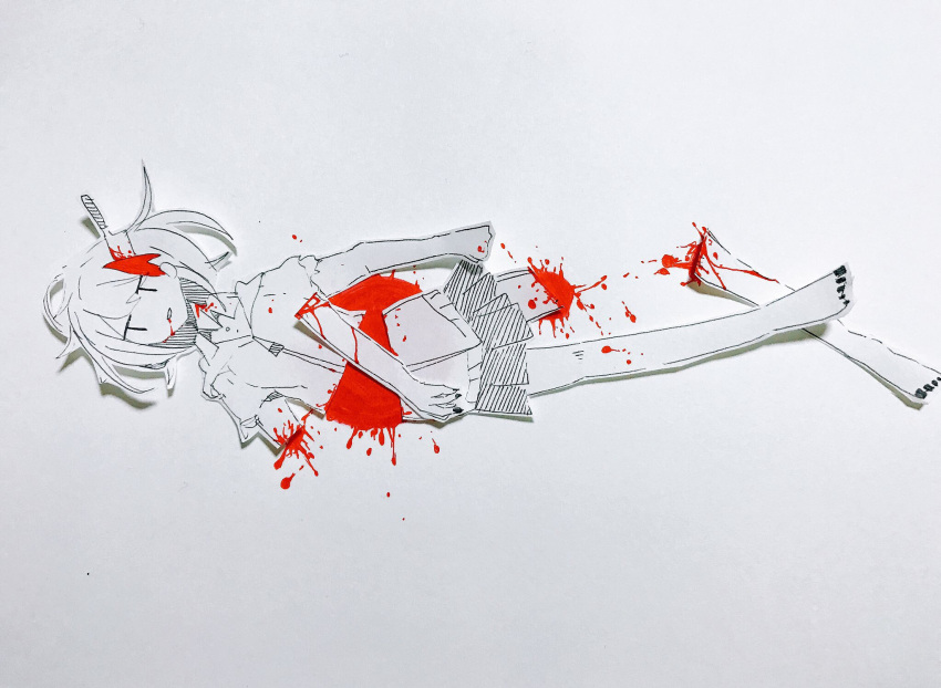 1girl blood bloody_clothes bloody_knife collared_shirt commentary disembodied_limb eguchi_saan full_body highres knife knife_in_head original paper_(medium) paper_cutout pen_(medium) photo pleated_skirt shirt short_hair short_sleeves skirt solo symbol_commentary