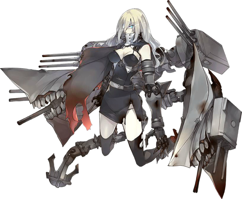 1girl anchor cape claws european_water_hime fangs gauntlets green_eyes kantai_collection kneeling konishi_(koconatu) long_hair machinery mechanical_arm official_art shinkaisei-kan silver_hair thigh-highs torn_clothes turret white_hair