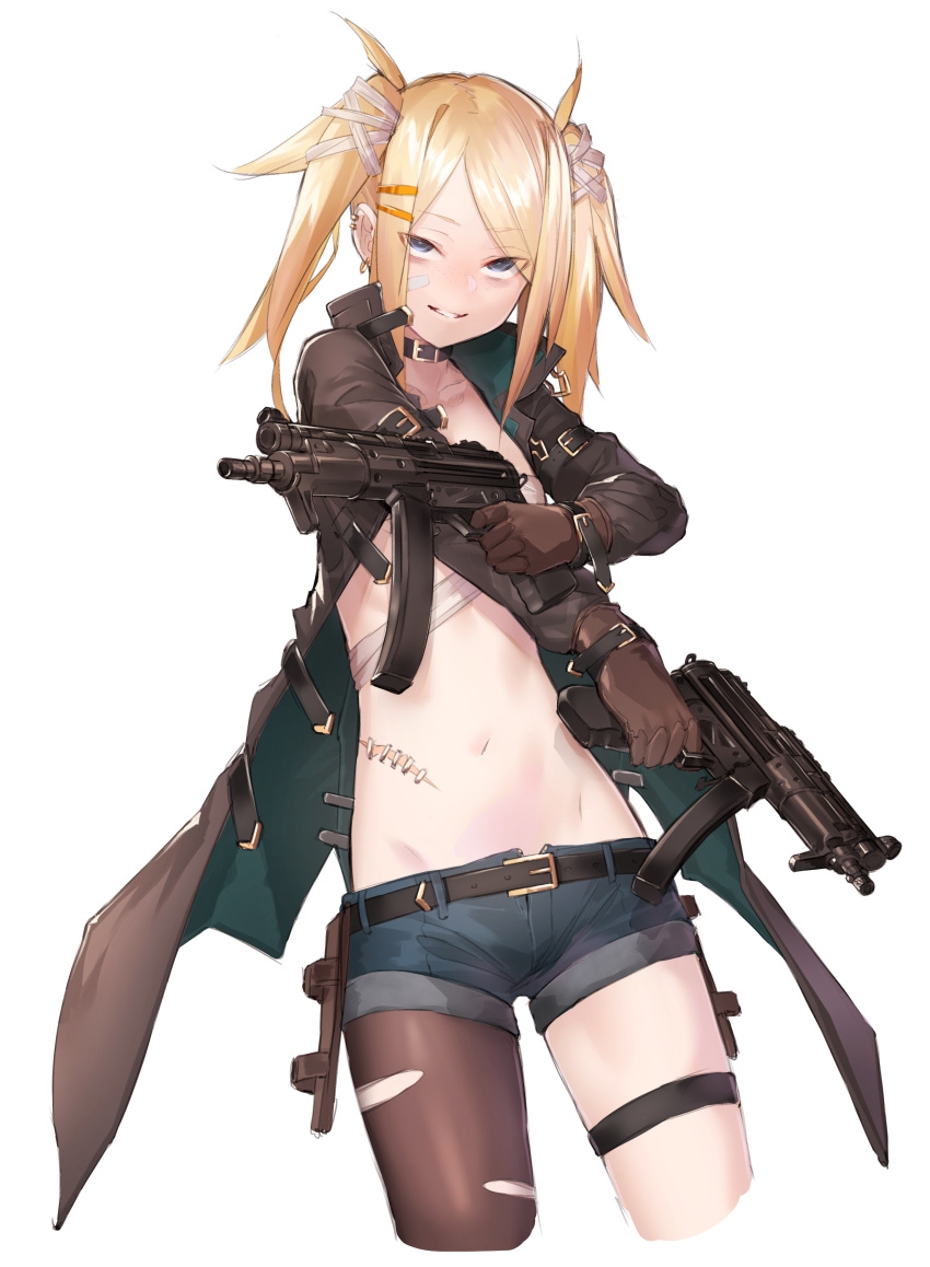 1girl absurdres bandaid bandaid_on_face belt blonde_hair blue_eyes breasts brown_gloves brown_legwear choker coat commentary_request deluxe&lt;&lt;&lt; dual_wielding ear_piercing eyebrows_visible_through_hair eyes_visible_through_hair freckles gloves gun h&amp;k_mp5 heckler_&amp;_koch highres holding looking_at_viewer original pantyhose parted_lips piercing sarashi scar short_shorts shorts simple_background small_breasts smirk solo stitches submachine_gun thigh_strap torn_clothes torn_pantyhose twintails weapon white_background