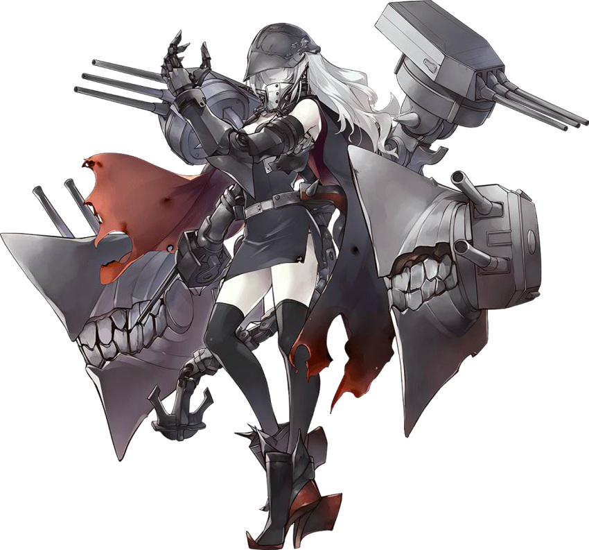 1girl anchor cape character_request claws fangs gauntlets kantai_collection konishi_(koconatu) machinery official_art shinkaisei-kan thigh-highs turret visor visor_cap