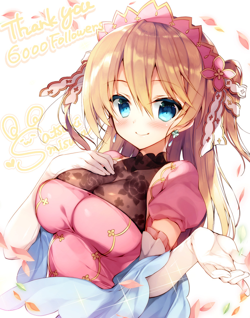 1girl artist_name bangs blue_eyes blush brave_girl_ravens breasts character_request closed_mouth commentary_request dress eyebrows_visible_through_hair followers gloves hair_between_eyes hair_ribbon hand_on_own_chest hands_up highres light_brown_hair long_hair medium_breasts petals pink_dress puffy_short_sleeves puffy_sleeves ribbon satsuki_misuzu see-through shawl short_sleeves signature simple_background smile solo thank_you very_long_hair white_background white_gloves white_ribbon
