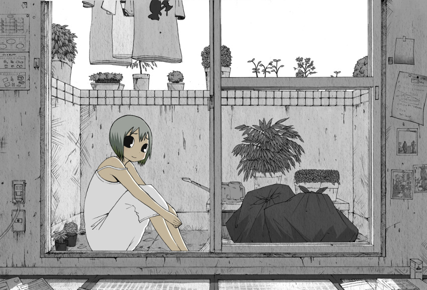 1girl abe_tomomi axe black_eyes box dress electric_socket full_body indoors knees_up looking_at_viewer original outdoors paper picture_(object) plant shirt short_hair sitting sleeveless smile solo spot_color t-shirt trash_bag watering_can white_dress