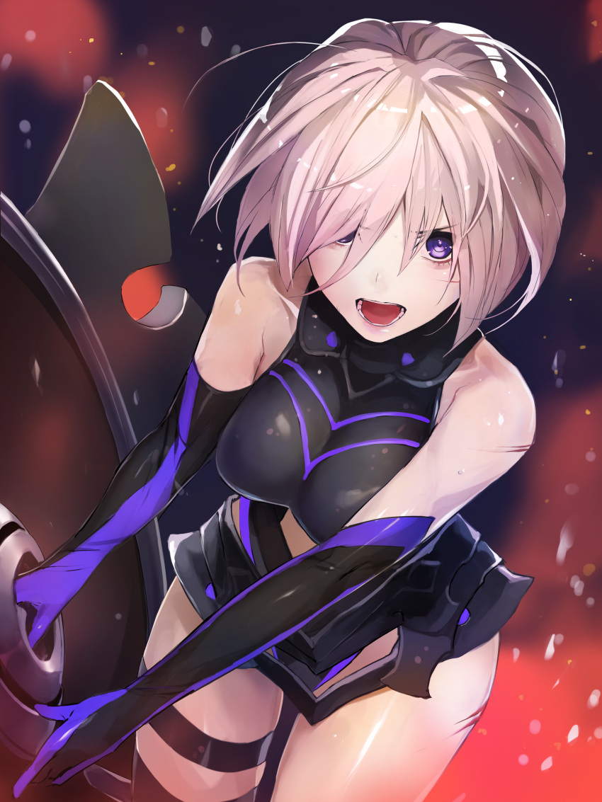 1girl armor armored_dress breasts collar elbow_gloves fate/grand_order fate_(series) faulds gloves hair_over_one_eye highres large_breasts lavender_hair looking_at_viewer mash_kyrielight metal_collar open_mouth pink_hair purple_gloves shield short_hair solo taishi_(picchiridou) thigh_strap thighs violet_eyes