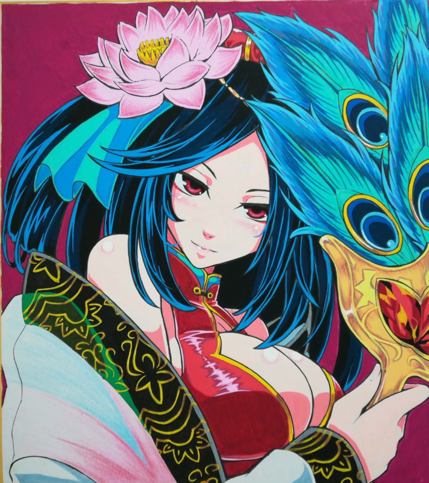 1girl :| black_hair breasts closed_mouth fan flower hair_flower hair_ornament highres large_breasts len_(sennen_sensou_aigis) long_hair looking_at_viewer magenta_background pink_eyes sennen_sensou_aigis solo soune1000 traditional_media upper_body