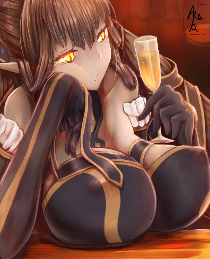 1girl alcohol bangs bare_shoulders black_dress black_gloves black_hair breast_rest breasts bridal_gauntlets cleavage closed_mouth commentary_request covered_nipples cup detached_sleeves dress fate/apocrypha fate/grand_order fate_(series) frills gloves glowing glowing_eyes hair_between_eyes hand_to_own_cheek highres holding holding_cup huge_breasts long_hair naraku_(t8kk) pointy_ears semiramis_(fate) solo very_long_hair yellow_eyes