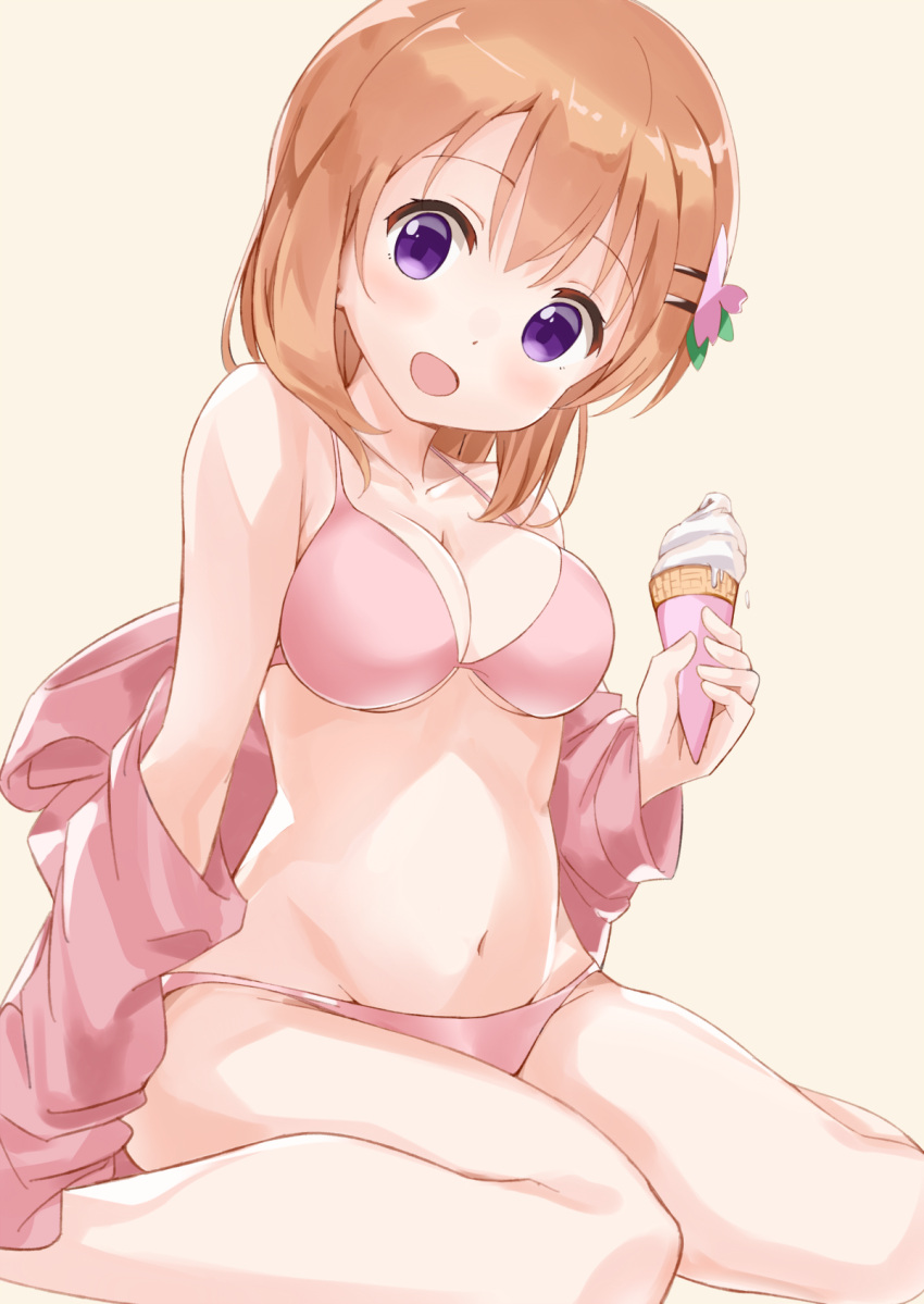 1girl :d bangs bare_legs bare_shoulders bikini blush breasts brown_background cleavage collarbone commentary_request eyebrows_visible_through_hair feet_out_of_frame food gochuumon_wa_usagi_desu_ka? guraasan hair_between_eyes hair_ornament hairclip head_tilt highres holding holding_food hood hood_down hooded_jacket hoto_cocoa ice_cream ice_cream_cone jacket light_brown_hair looking_at_viewer medium_breasts navel off_shoulder open_mouth pink_bikini pink_jacket simple_background sitting smile soft_serve solo swimsuit violet_eyes wariza