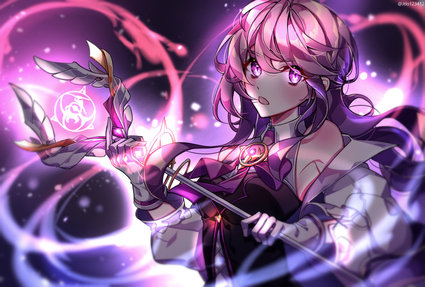 aether_sage_(elsword) aisha_(elsword) armpits aura elsword eyebrows_visible_through_hair highres holding holding_weapon jtlo123412 magic_circle open_mouth purple_hair staff symbol violet_eyes weapon wings