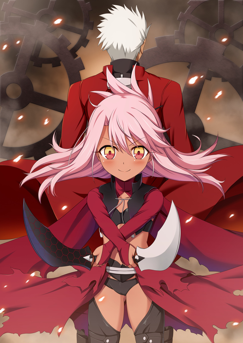 1boy 1girl archer back-to-back blush cape chloe_von_einzbern commentary crossed_arms dark_skin dual_wielding eyebrows_visible_through_hair fate/kaleid_liner_prisma_illya fate/stay_night fate_(series) floating_hair gears hair_between_eyes highres holding kanshou_&amp;_bakuya looking_at_viewer morokoshi_(tekku) pink_hair red_cape smile sword v-shaped_eyebrows waist_cape weapon white_hair yellow_eyes