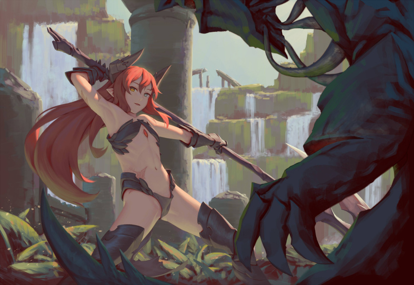 1girl arm_up armor armored_boots armpits ass_visible_through_thighs bare_shoulders battle bigrbear bikini_armor blonde_hair boots burn_scar collarbone commentary_request day flat_chest gauntlets gradient_hair green_eyes hair_between_eyes heterochromia highres holding holding_weapon horns leaning_back long_hair monster multicolored_hair navel original parted_lips pillar pointy_ears redhead ruins scar smile solo spread_legs standing stomach thigh-highs thigh_boots thighs very_long_hair water waterfall weapon yellow_eyes