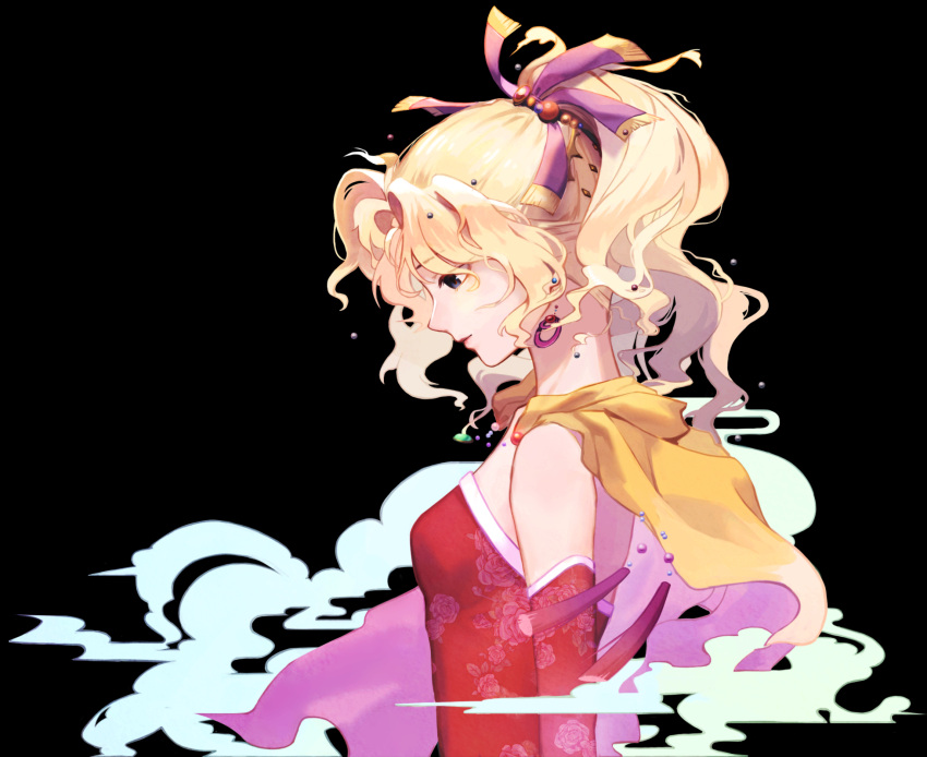 1girl bare_shoulders blonde_hair blue_eyes bow detached_sleeves dress earrings final_fantasy final_fantasy_vi hair_ribbon highres jewelry lilith-lily ponytail ribbon solo tina_branford