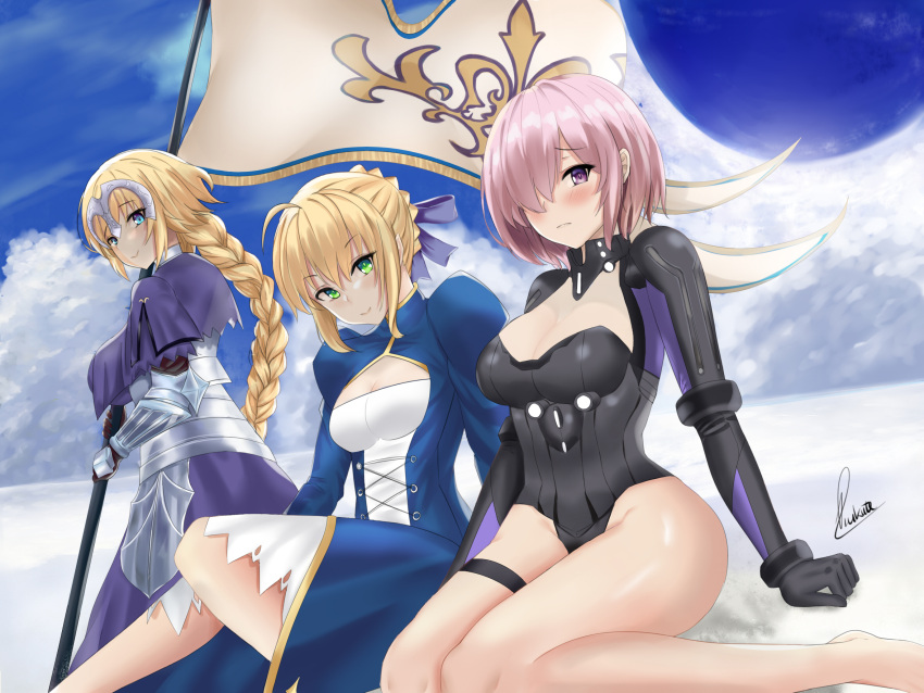 3girls ahoge armor armored_dress artoria_pendragon_(all) bangs black_gloves black_leotard blonde_hair blue_dress blue_eyes blue_ribbon blush braid breasts capelet cleavage cleavage_cutout closed_mouth collar cross-laced_clothes dress fate/apocrypha fate/grand_order fate/stay_night fate_(series) faulds flag french_braid gauntlets gloves green_eyes hair_bun hair_over_one_eye hair_ribbon headpiece highleg highleg_leotard highres hips jeanne_d'arc_(fate) jeanne_d'arc_(fate)_(all) juliet_sleeves large_breasts lavender_hair legs leotard long_braid long_hair long_sleeves looking_at_viewer mash_kyrielight metal_collar multiple_girls pauldrons piukute062 plackart puffy_sleeves purple_dress ribbon saber short_hair single_braid small_breasts smile thigh_strap thighs very_long_hair violet_eyes