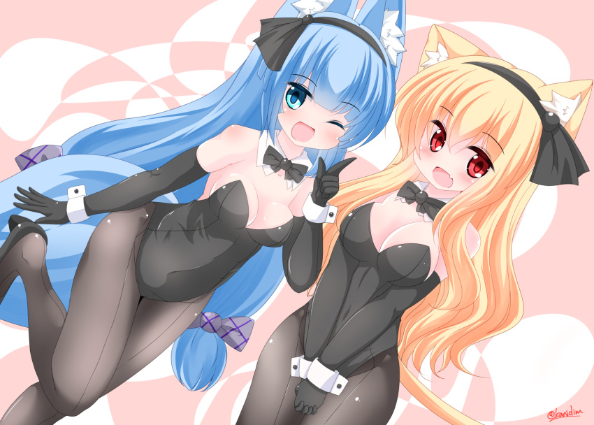 2girls :d ;d animal_ear_fluff animal_ears bangs bare_shoulders black_footwear black_gloves black_hairband black_leotard black_neckwear black_ribbon blonde_hair blue_eyes blue_hair blush bow bowtie breasts brown_legwear cat_ears cat_girl cat_tail catsuit cleavage commentary_request detached_collar dutch_angle elbow_gloves eyebrows_visible_through_hair fang gloves hair_between_eyes hair_ribbon hairband hands_clasped kanijiru large_breasts leotard long_hair medium_breasts multiple_girls one_eye_closed open_mouth original own_hands_together pantyhose red_eyes ribbon shoes signature smile standing standing_on_one_leg strapless strapless_leotard tail twitter_username very_long_hair white_collar wrist_cuffs