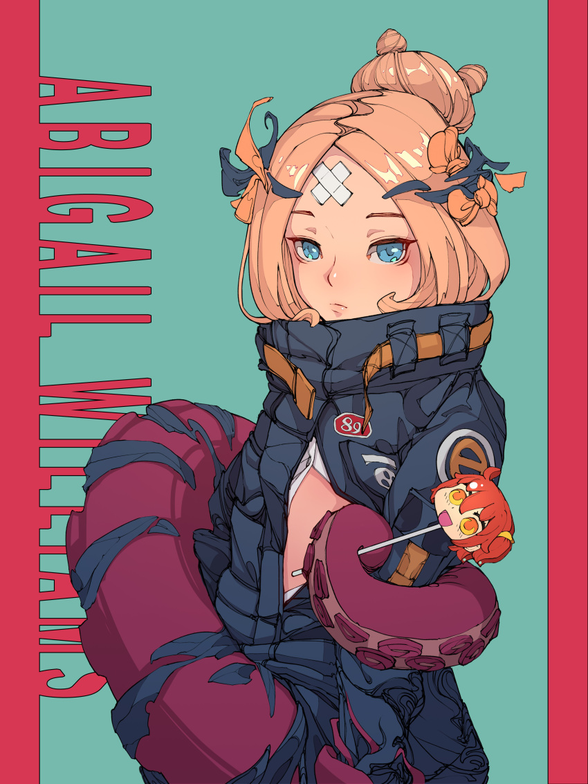1girl abigail_williams_(fate/grand_order) absurdres bangs black_bow black_jacket blonde_hair blue_eyes bow candy character_name closed_mouth crossed_bandaids di_yi_xing_zian dress_shirt fate/grand_order fate_(series) food green_background hair_bow hair_bun heroic_spirit_traveling_outfit highres holding holding_food holding_lollipop jacket lollipop long_hair long_sleeves looking_at_viewer open_clothes open_jacket open_shirt orange_bow parted_bangs red_background shirt sleeves_past_fingers sleeves_past_wrists solo suction_cups tentacle two-tone_background white_shirt