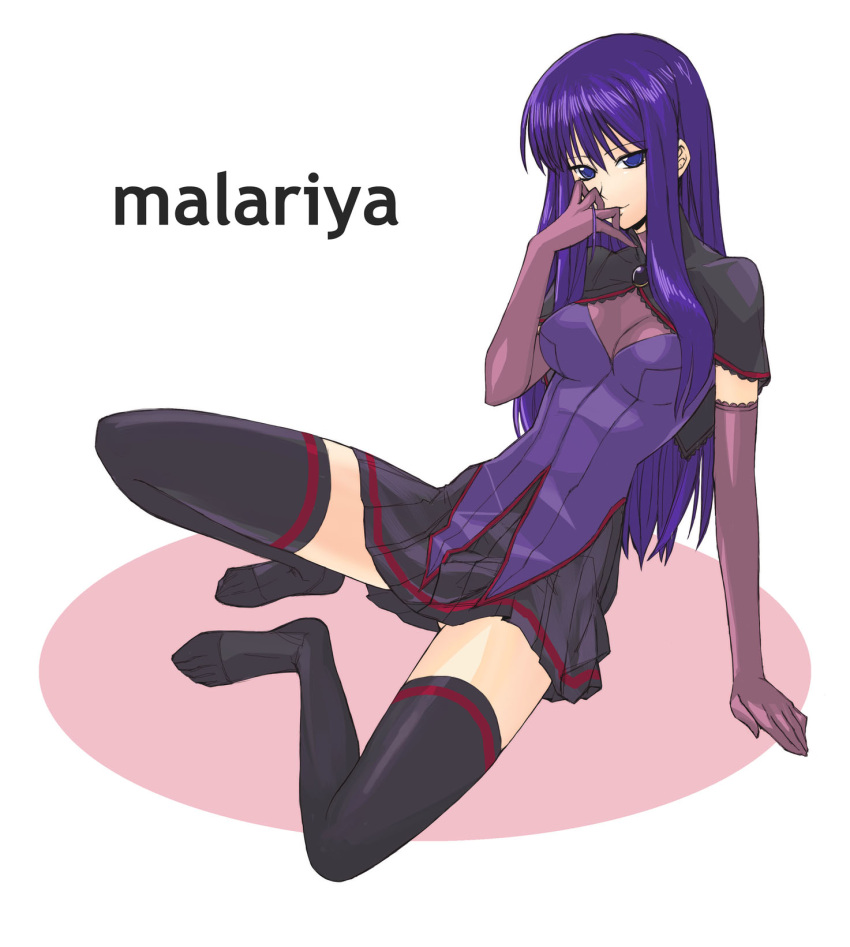 1girl black_capelet black_legwear breasts capelet character_name closed_mouth commentary_request elbow_gloves gloves grey_skirt highres large_breasts malariya miniskirt no_shoes purple_hair purple_vest quiz_magic_academy red_gloves sitting skirt smile solo tetsu_(kimuchi) thigh-highs vest violet_eyes white_background