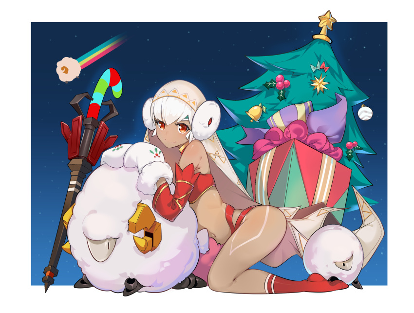 1girl absurdres altera_(fate) altera_the_santa animal bare_shoulders bell choker christmas_tree closed_mouth dark_skin detached_sleeves earmuffs fate/grand_order fate_(series) gift gloves head_tilt headdress highres leg_tattoo legs looking_to_the_side midriff navel photon_ray rainbow red_eyes red_footwear revealing_clothes sheep shiny shiny_skin short_hair smile socks solo stomach tan tattoo thighs veil warum white_hair