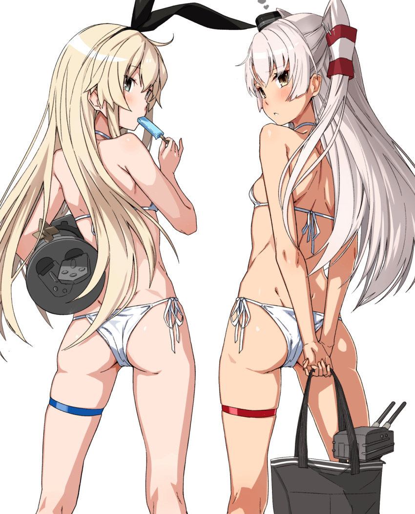 2girls alternate_costume amatsukaze_(kantai_collection) ass bag bangs bikini blonde_hair blush breasts brown_eyes closed_mouth commentary eyebrows_visible_through_hair food hair_tubes hairband highres holding holding_bag holding_food kantai_collection long_hair looking_at_viewer multiple_girls open_mouth popsicle rensouhou-chan rensouhou-kun shimakaze_(kantai_collection) shoulder_blades side-tie_bikini sidelocks silver_hair simple_background skindentation small_breasts smokestack_hair_ornament swimsuit takanashi_kei_(hitsujikan) thigh_strap thighs two_side_up white_background white_bikini