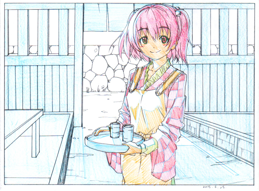 1girl apron barefoot bell black_border blush border closed_mouth colored_pencil_(medium) copyright_request cup dated graphite_(medium) hair_bell hair_ornament holding jingle_bell limited_palette long_sleeves pink_x red_eyes redhead short_hair smile solo standing traditional_media tray twintails wa_maid wide_sleeves