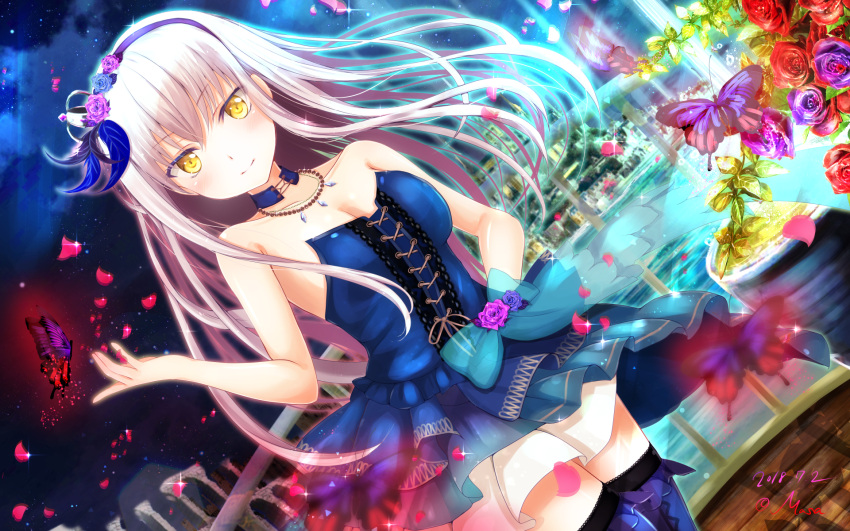 1girl 2018 architecture artist_name balcony bang_dream! bare_arms bare_shoulders blue_bow blue_flower blue_neckwear blue_rose blue_skirt bow breasts bug butterfly choker cleavage collarbone commentary_request corset cross-laced_clothes dated eyebrows eyebrows_visible_through_hair fence flower frills hand_on_hip headband highres insect jewelry lolita_fashion long_hair masa_(mirage77) minato_yukina necklace night outdoors petals pleated_skirt purple_flower purple_rose red_flower red_rose rose silver_hair skirt smile solo standing very_long_hair wallpaper yellow_eyes