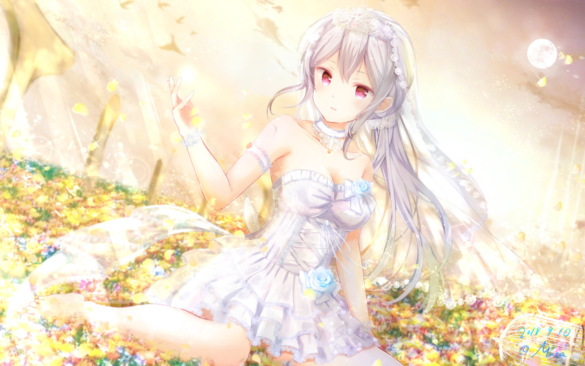 1girl 2018 arm_strap artist_name bangs bare_legs bare_shoulders barefoot birdcage breasts bridal_veil bride cage choker cleavage closed_mouth collarbone commentary_request cross-laced_clothes dated dress eyebrows eyebrows_visible_through_hair flower full_moon girlfriend_(kari) highres jewelry long_hair masa_(mirage77) medium_breasts moon necklace outdoors petals pink_eyes rose shigeto_akiho silver_hair sitting solo standing strapless strapless_dress tagme veil wallpaper wedding_dress white_dress white_flower white_neckwear white_rose