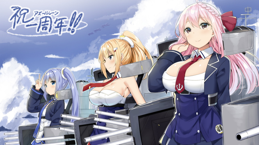 3girls aircraft armpits astoria_(azur_lane) azur_lane blonde_hair blue_hair breasts cleavage commentary_request hair_ornament jacket large_breasts long_hair multiple_girls necktie pink_hair ponytail quincy_(azur_lane) sky_(freedom) translated twintails v vincennes_(azur_lane)