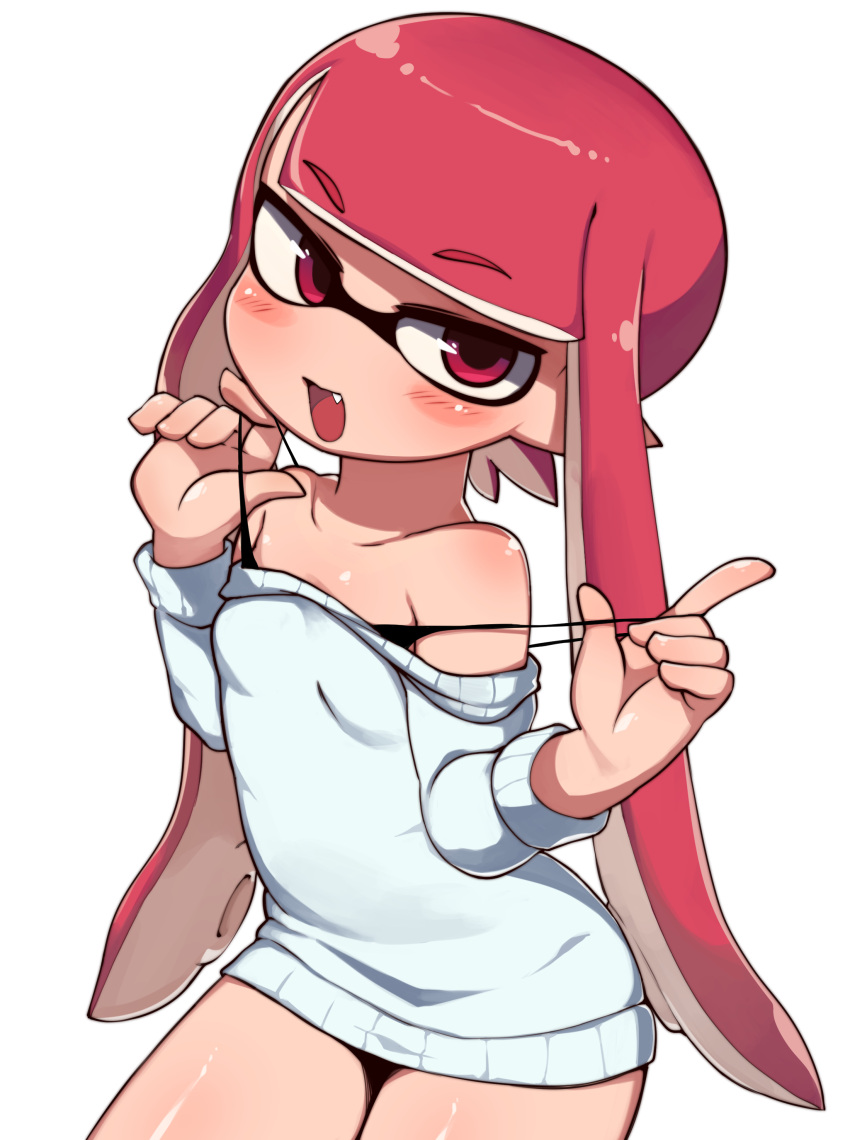 1girl absurdres bare_shoulders blush bra_strap breasts domino_mask eyebrows_visible_through_hair fang half-closed_eyes highres inkling lkll looking_at_viewer mask nintendo off_shoulder open_mouth red_eyes redhead sidelocks small_breasts solo splatoon strap_pull sweater tentacle_hair