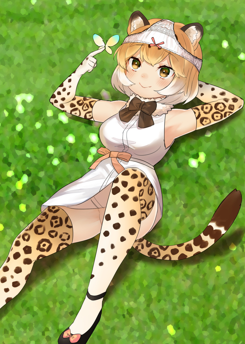 1girl animal_ears black_bow black_neckwear blonde_hair blush bow bowtie breasts bug butterfly choir_(artist) closed_mouth convenient_leg elbow_gloves eyebrows_visible_through_hair fur_collar gloves gradient_hair grass highres insect jaguar_(kemono_friends) jaguar_ears jaguar_print jaguar_tail kemono_friends lying medium_breasts multicolored_hair object_on_head on_back panties panties_on_head shirt short_hair sleeveless sleeveless_shirt smile solo tail thigh-highs two-tone_hair underwear white_hair white_panties white_shirt yellow_eyes