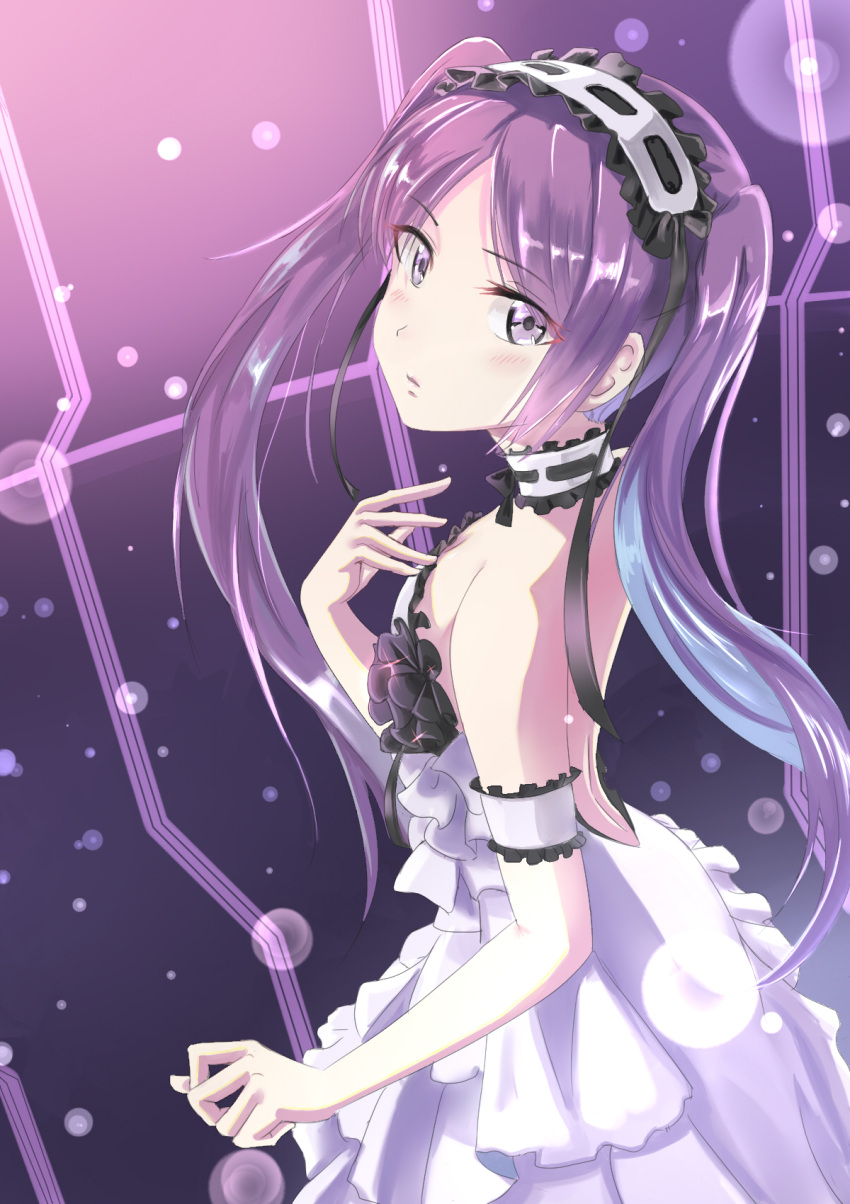 1girl armlet bangs bare_arms bare_back bare_shoulders black_choker black_hairband blush breasts choker closed_mouth commentary_request dress euryale eyebrows_visible_through_hair fate/grand_order fate_(series) frilled_choker frilled_dress frilled_hairband frills gan-viking hairband head_tilt highres lolita_fashion lolita_hairband long_hair looking_at_viewer purple_hair shiny shiny_hair sleeveless sleeveless_dress small_breasts solo strapless strapless_dress twintails very_long_hair violet_eyes white_dress